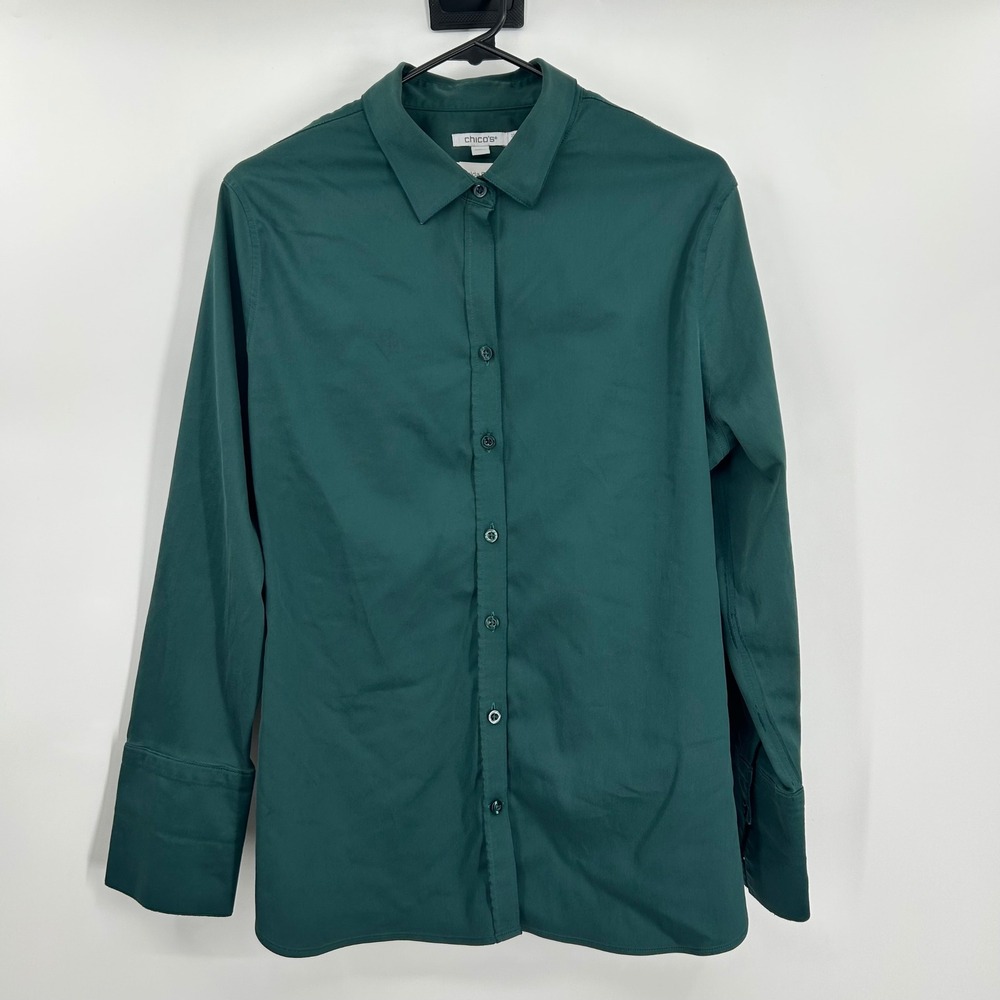 Chicos Dark Green Button Down Shirt Womens 2.5 US 14 Long Sleeve Stretch Career